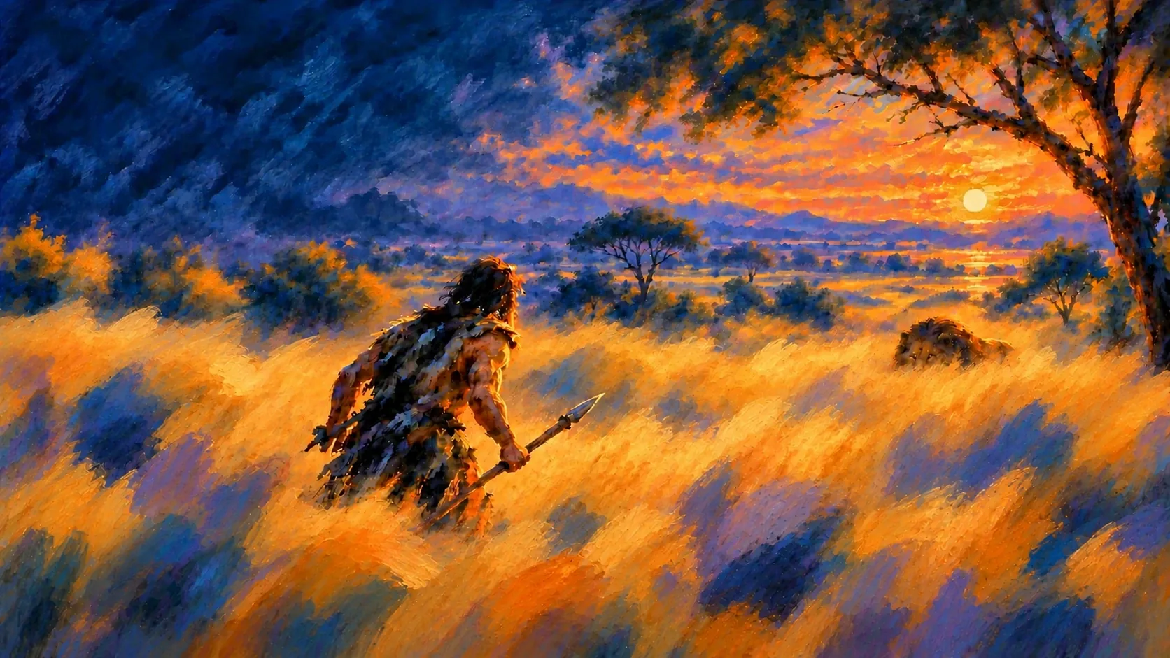 An impressionist traveler notices a lion across a stretch of golden grass.